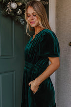 Red Dahlia Velvet Short Sleeve Shirred Waist Tiered Maxi Dress