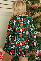 Green Festive Bow Print Long Sleeve Shirt and Pajama Short Set