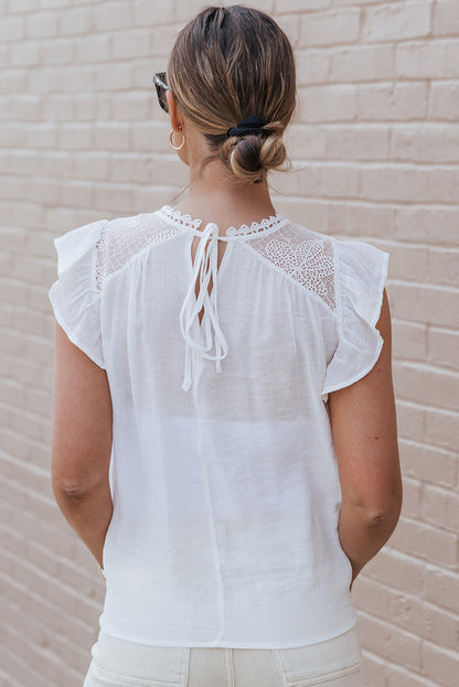 Beige Lace Crochet Patchwork Flutter Sleeve Babydoll Blouse