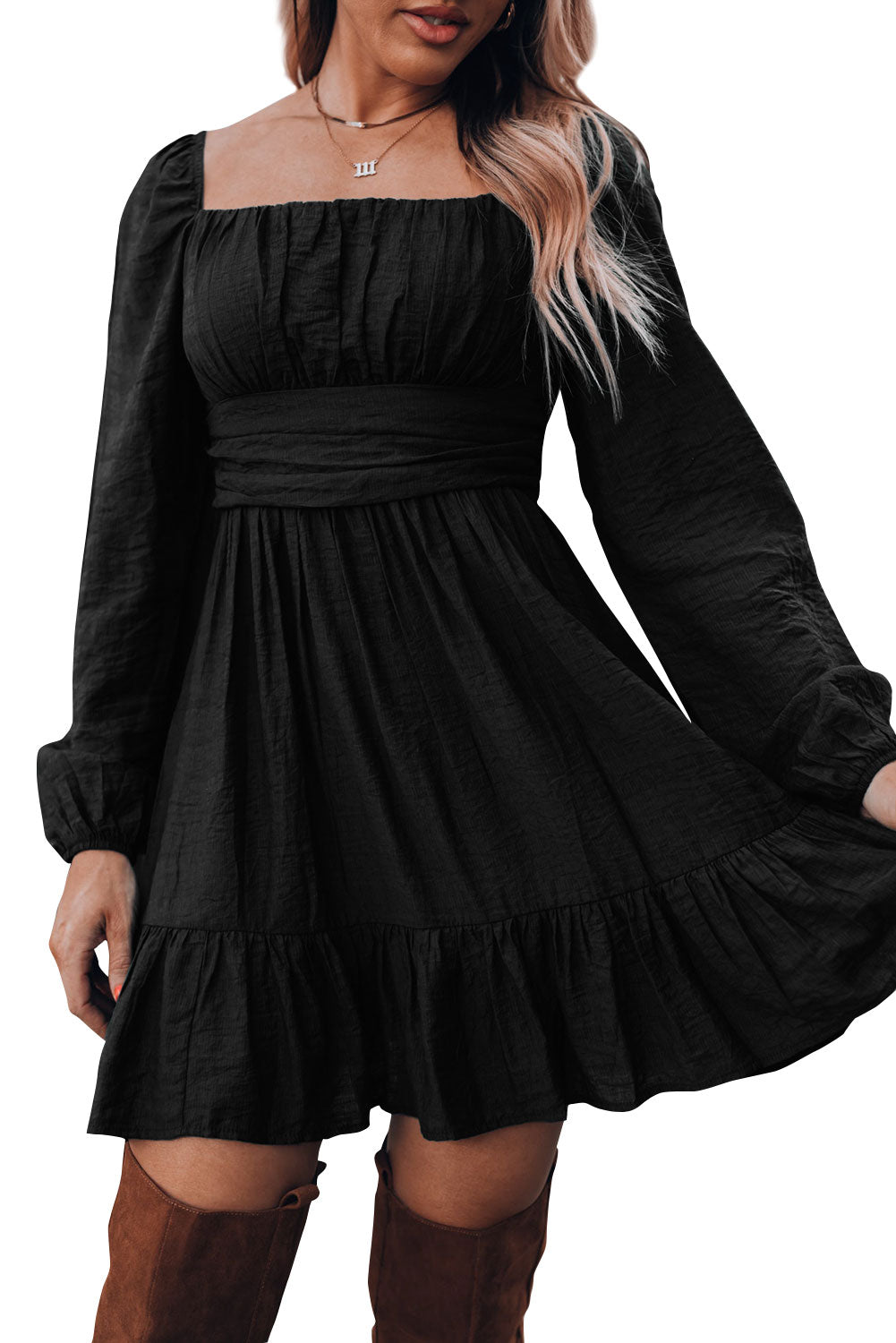Green Ruched Square Neck Puff Sleeve Mini Dress