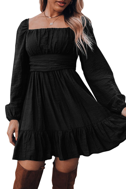Green Ruched Square Neck Puff Sleeve Mini Dress