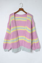 Pink Contrast Striped Open Front Cable Cardigan