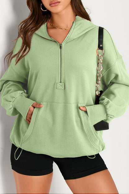 Parchment Solid Kangaroo Pocket Half Zipper Oversized Hoodie