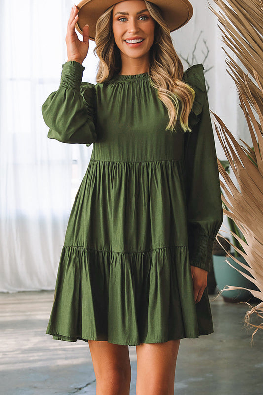 Moss Green Ruffled High Waist Long Sleeve Mini Dress