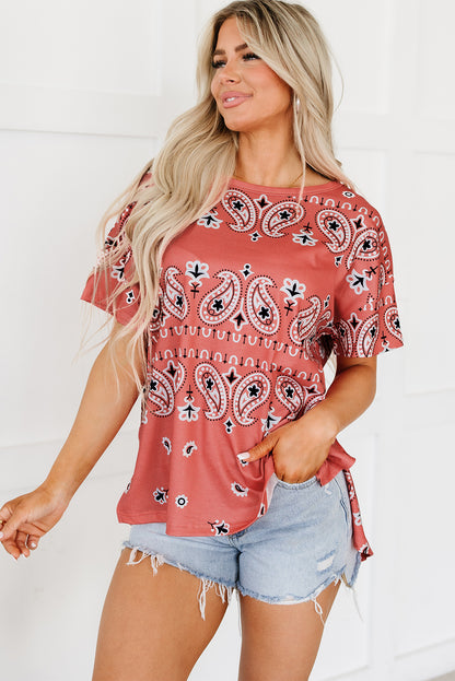 Red Paisley Print Side Slits Crew Neck T Shirt