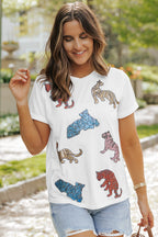 White Shiny Tiger Patch Graphic Summer T-shirt