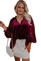 Evergreen Sequin Patchwork Sleeve Button Up Velvet Top