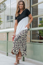 Leopard Color Block Side Slit T Shirt Maxi Dress