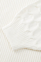 White Cable Puff Sleeve Lace V Neck Sweater