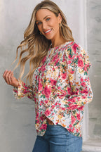 White Floral Printed Ruffle Trim Long Sleeve Blouse