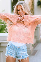 Pink Hollowed Eyelets Knit Bell Sleeve Sweater