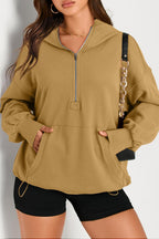 Parchment Solid Kangaroo Pocket Half Zipper Oversized Hoodie