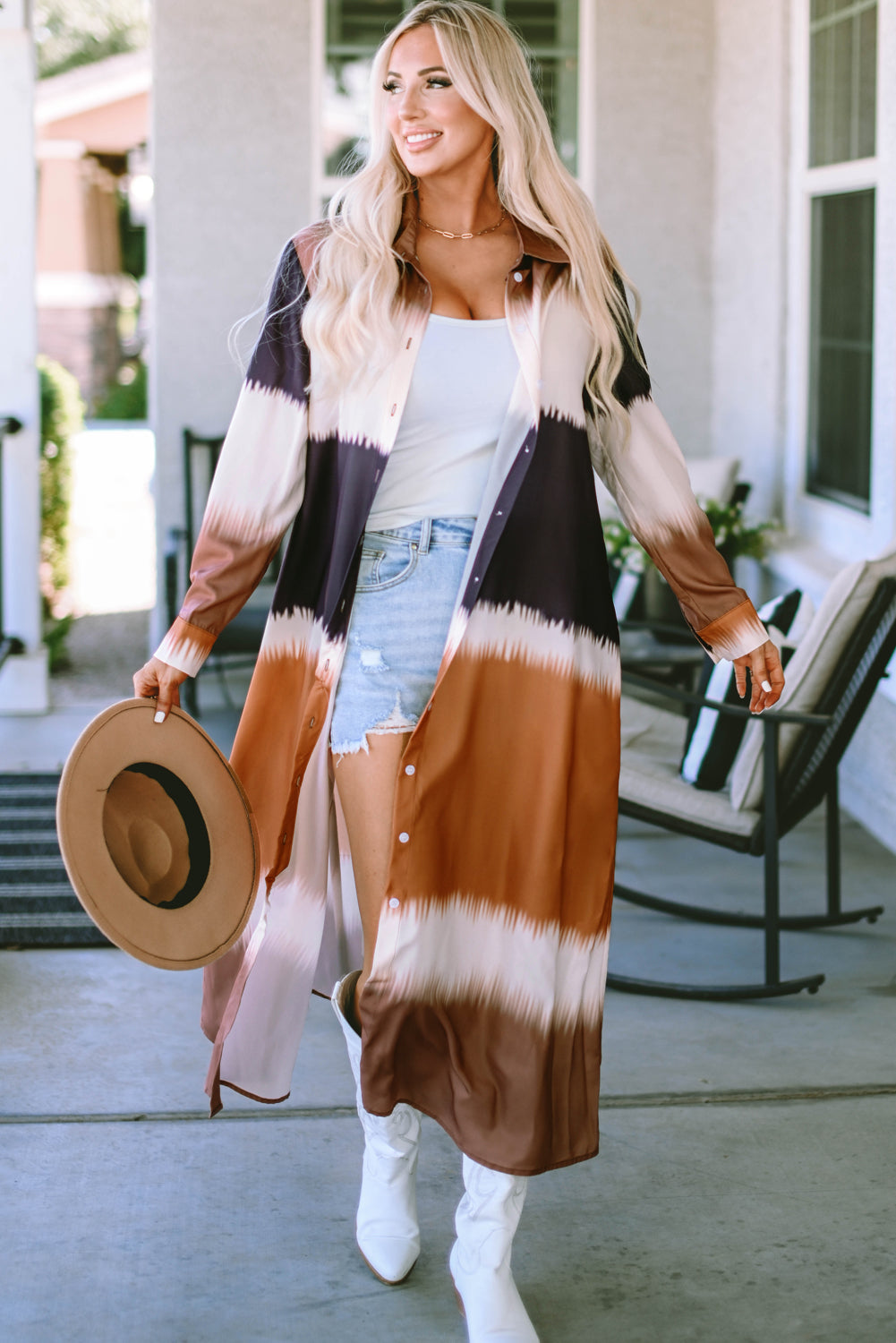 Multicolor Tie Dye Colorblock Button Down Maxi Kimono