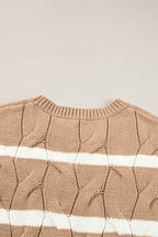 Dark Khaki Striped Cable Short Sleeve Sweater