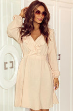 Khaki Textured Ruffled V Neck High Waist Mini Dress