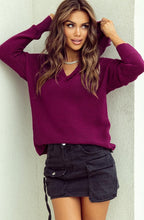 V Neck Ribbed Drop Shoulder Hooded Sweater