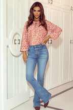 Pink Bubble Sleeve Floral Shirt with Lace up