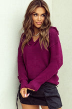 V Neck Ribbed Drop Shoulder Hooded Sweater