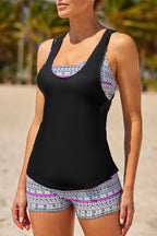 Multicolor Sports Bra Tankini Swimsuit with Black Vest