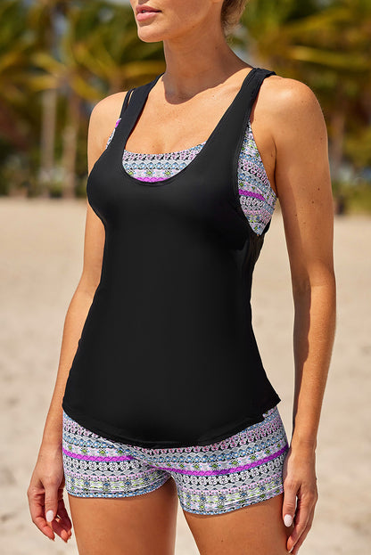 Multicolor Sports Bra Tankini Swimsuit with Black Vest