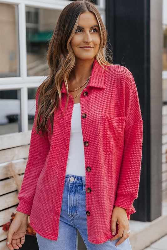 Pink Waffle Knit Button Up Casual Shirt