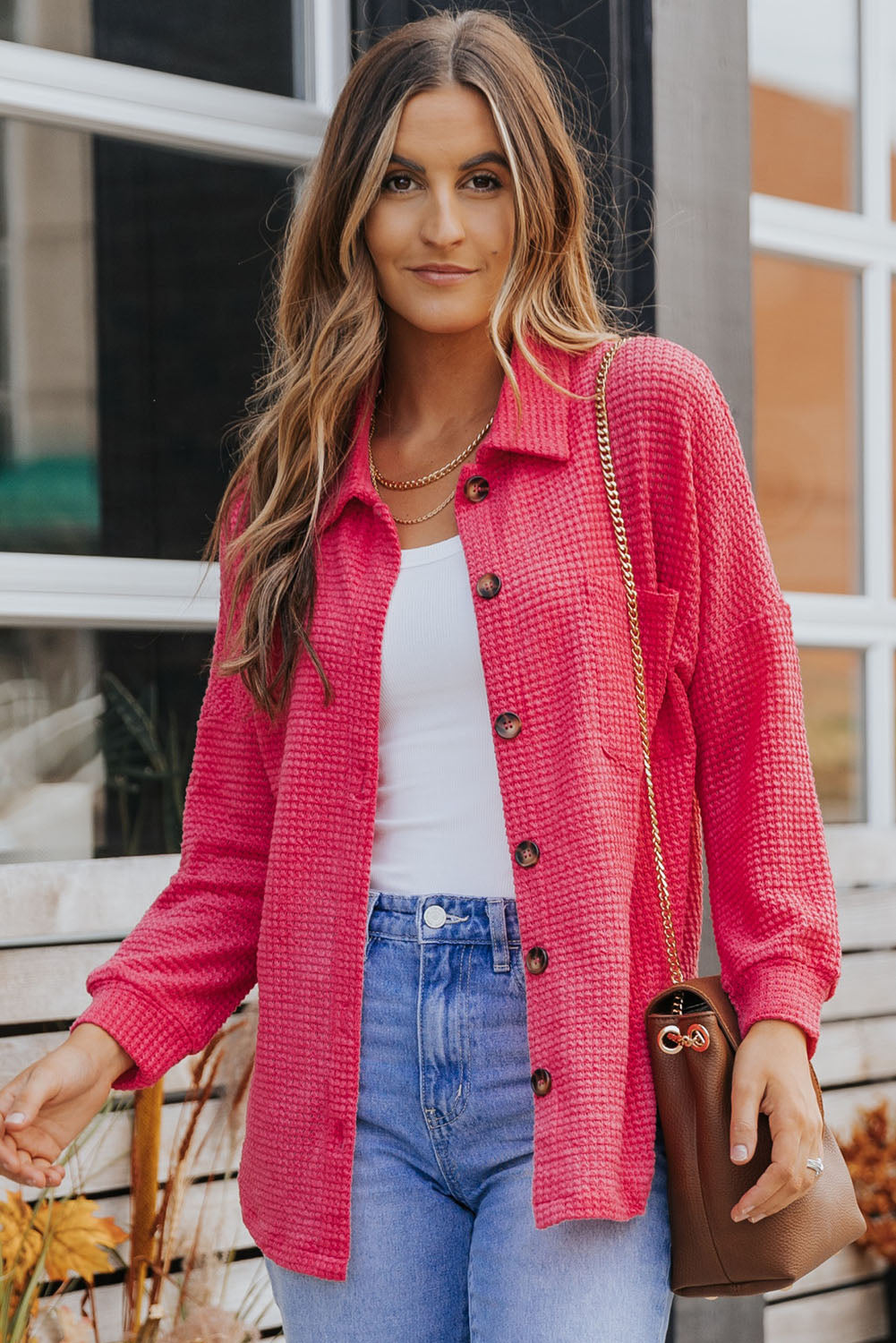 Pink Waffle Knit Button Up Casual Shirt
