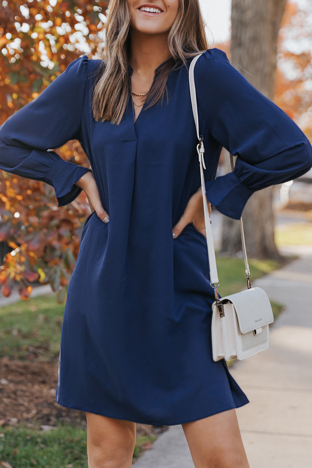 Split V Neck Ruffled Sleeves Shirt Dress
