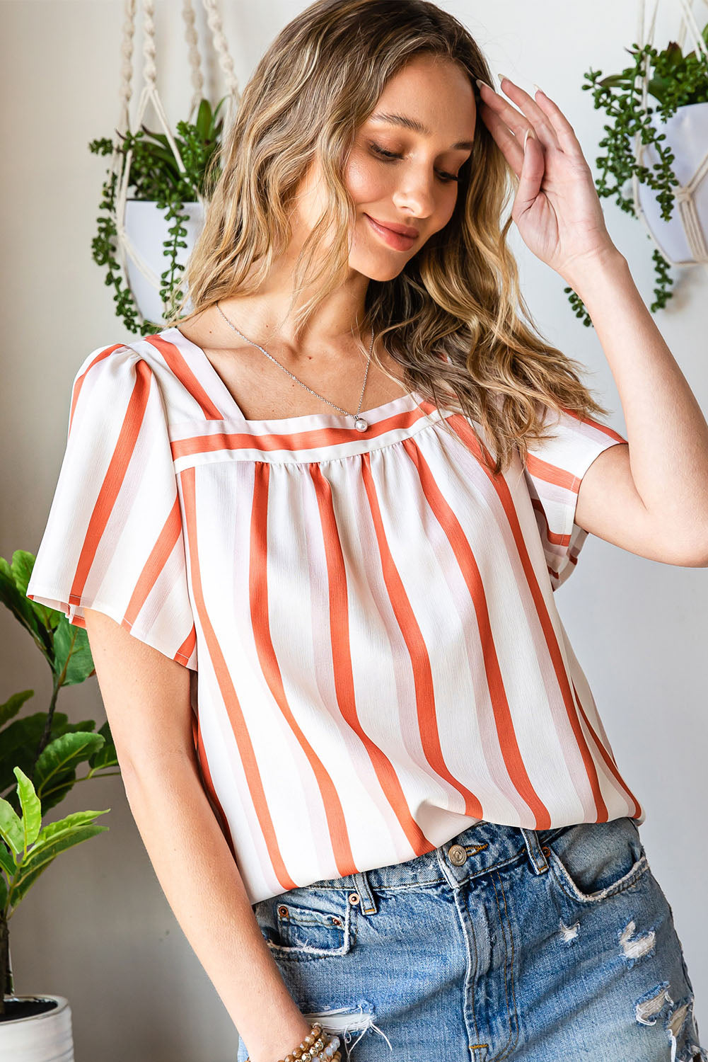 Striped Buttoned Back Square Neck Blouse