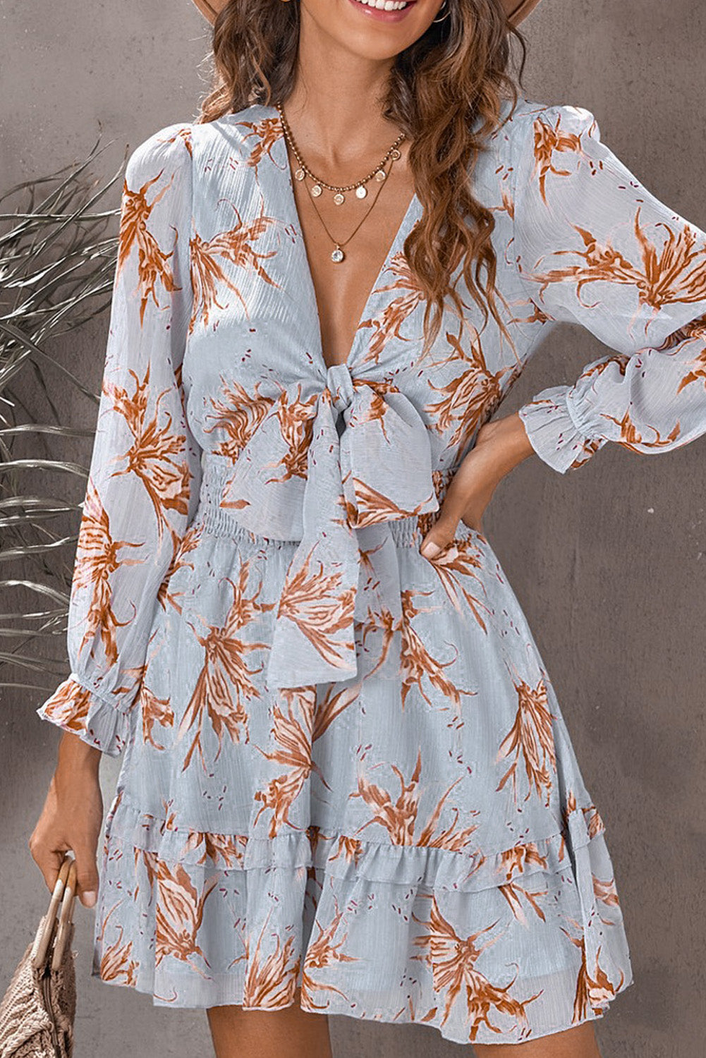 Lantern Sleeve Knotted Tiered Mini Dress