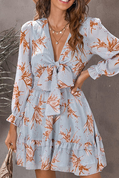 Lantern Sleeve Knotted Tiered Mini Dress