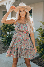 Khaki Flower Print Tiered Frilled Knotted Spaghetti Strap Mini Dress
