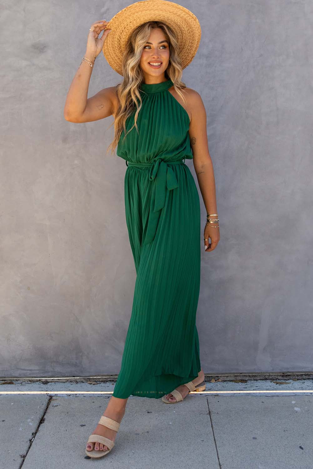 Halter Neck Pleated Wide Leg Jumpsuit with Belt