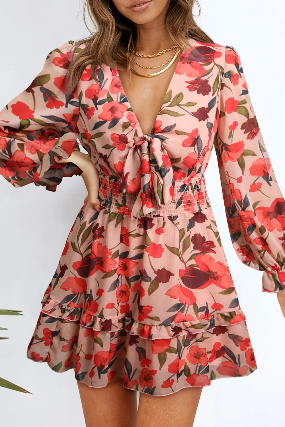 Lantern Sleeve Knotted Tiered Mini Dress