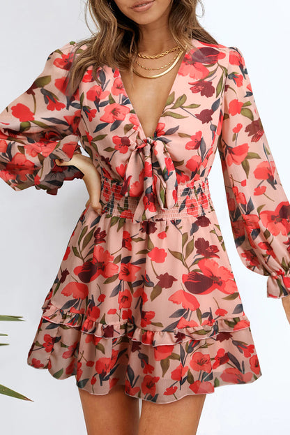 Lantern Sleeve Knotted Tiered Mini Dress