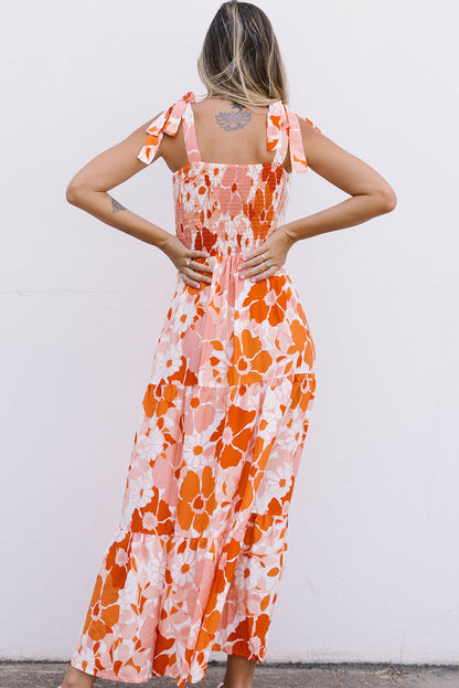 Shirred Lace-up Strap Sleeveless Floral Maxi Dress