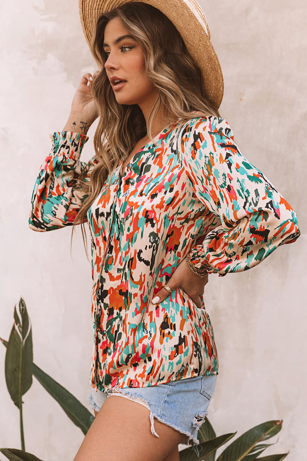 Multicolor V Neck Abstract Print Long Sleeve Shirt