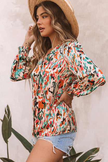 Multicolor V Neck Abstract Print Long Sleeve Shirt