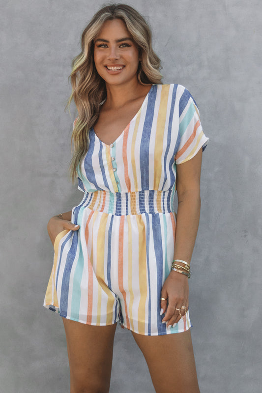 Striped Print V-neck Button Romper