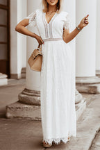 Burgundy Deep V Neck Short Sleeve Lace Maxi Dress