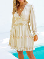 V Neck Ruffle Detailing Open Back Dress