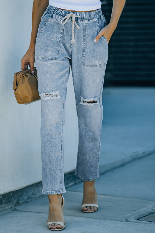 Gather Round Distressed Pocketed Denim Jogger