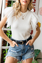 Black Dotty Mesh Ruffle Sleeve Ribbed Knit Top