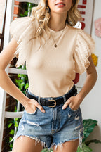 Black Dotty Mesh Ruffle Sleeve Ribbed Knit Top