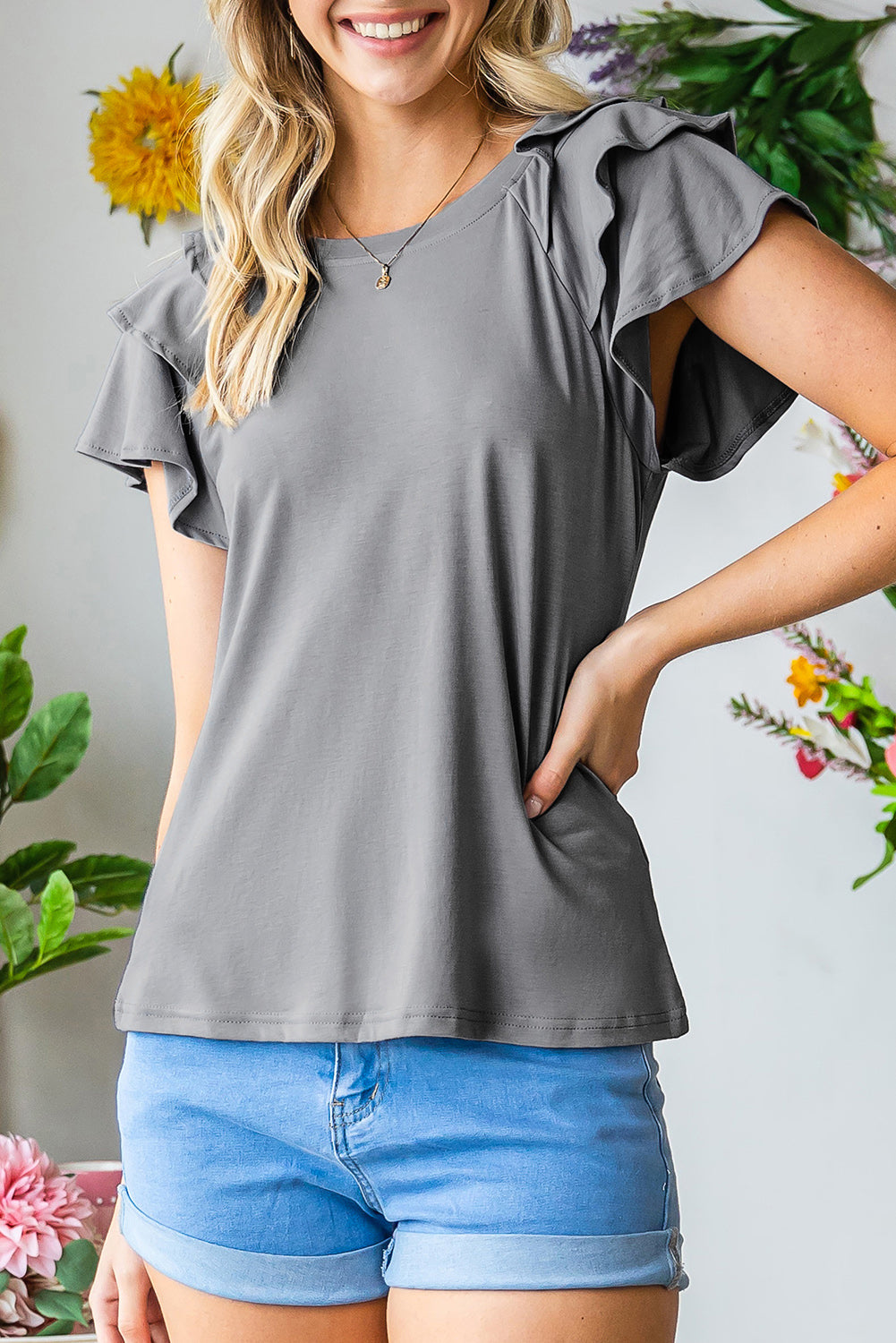 Plain Tiered Ruffled Short Sleeve T Shirt