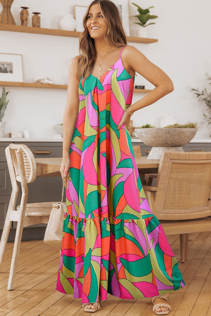 Multicolor Boho Geometric Print Sleeveless Maxi Dress