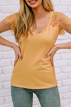 Lace Crochet Short Sleeve U Neck T Shirt