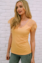 Lace Crochet Short Sleeve U Neck T Shirt