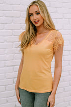 Lace Crochet Short Sleeve U Neck T Shirt