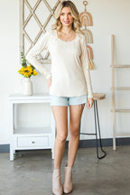 Beige Lace Crochet V Neck Long Sleeve Top