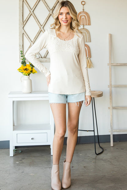 Beige Lace Crochet V Neck Long Sleeve Top